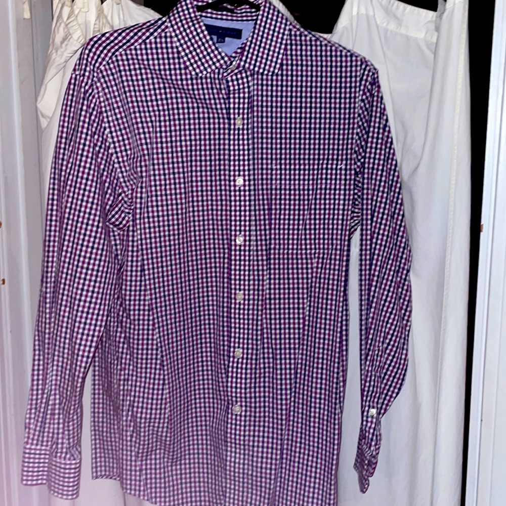 Tommy Hilfiger slim fit, maroon navy blue and white plaid button up.